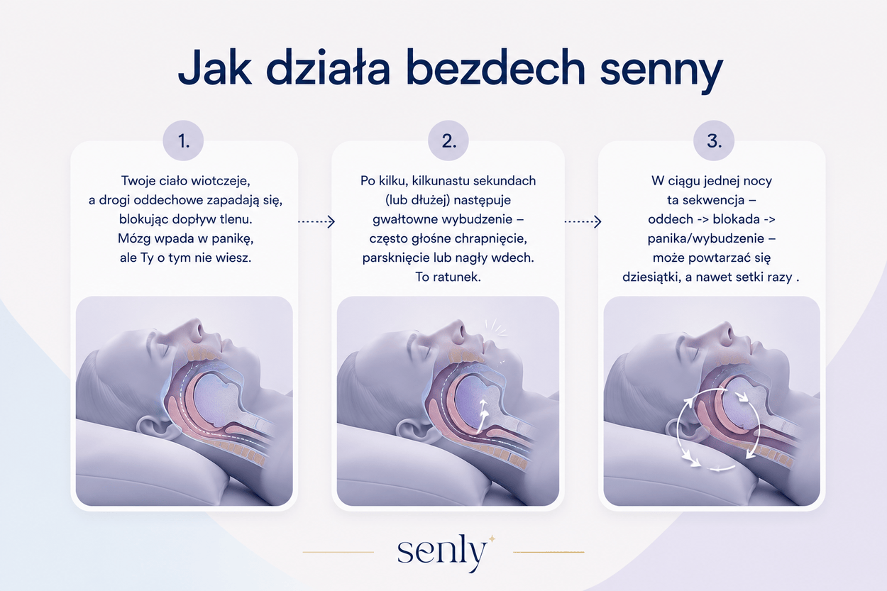 Infografika Jak działa bezdech senny etapy blokady dróg oddechowych, wybudzenia i powtarzających się przerw w oddychaniu