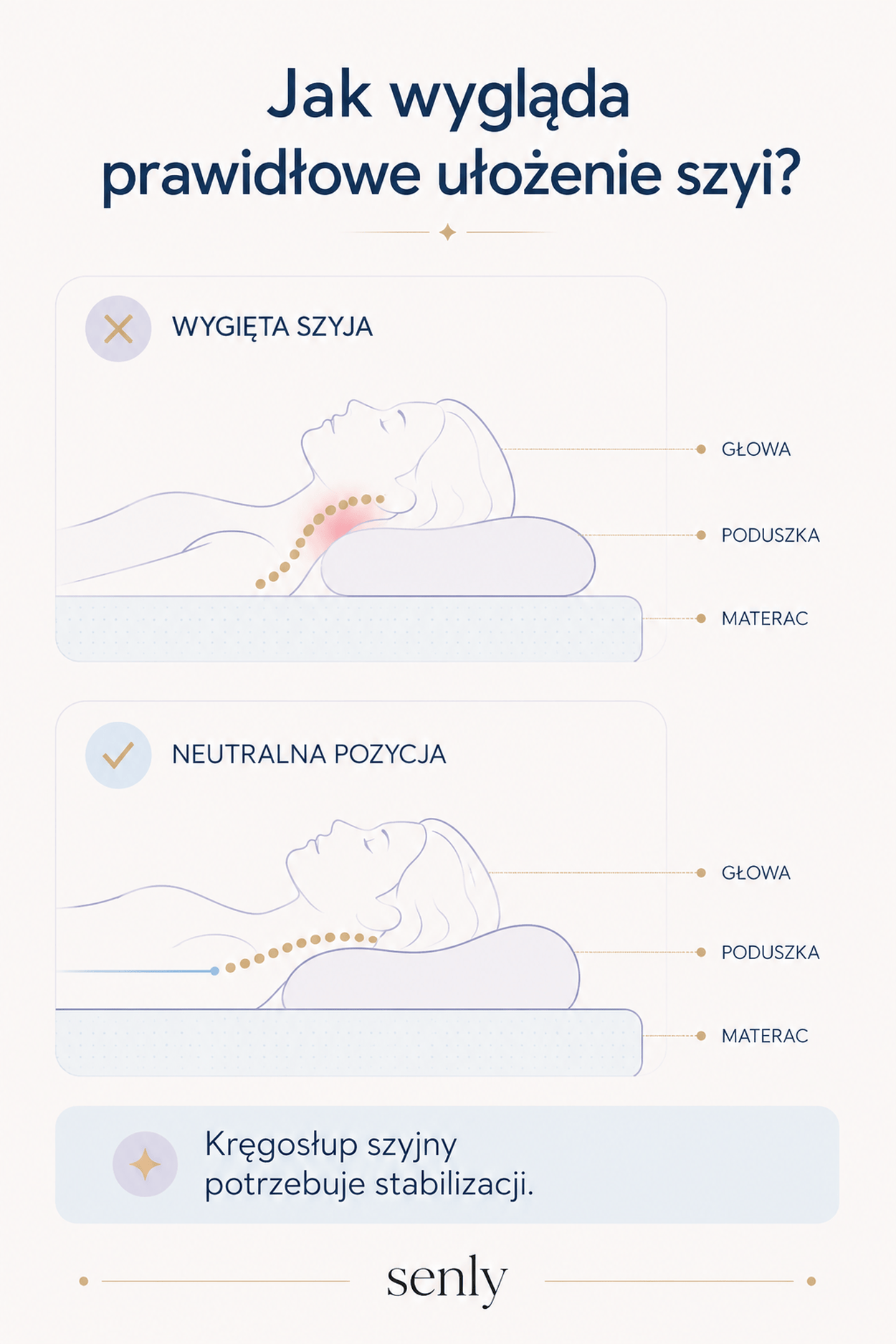 Infografika Jak wygląda prawidłowe ułożenie szyi podczas snu wpływ poduszki i materaca na sen