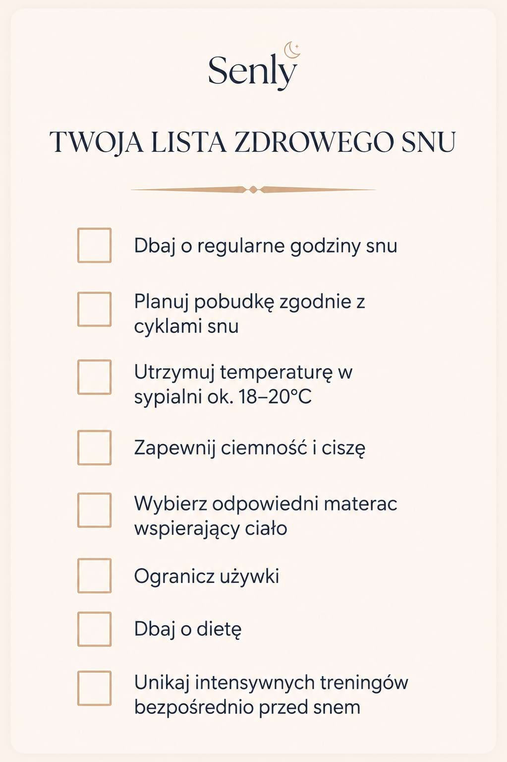 Infografika Lista zdrowych nawyków wspierających prawidłowy przebieg faz snu i poprawę jakości nocnego wypoczynku