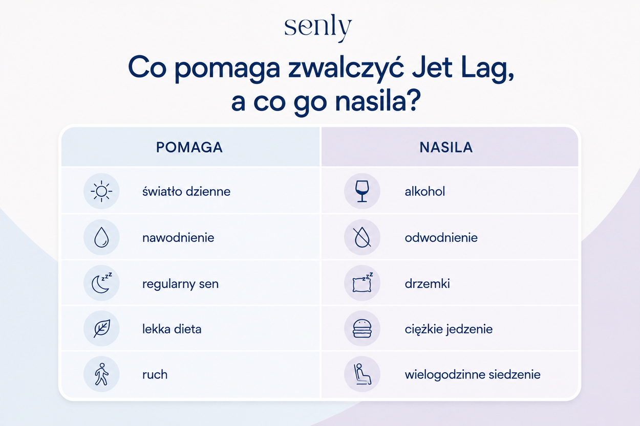 Infografika Porównanie nawyków pomagających zwalczyć jet lag i błędów utrudniających adaptację do nowej strefy czasowej