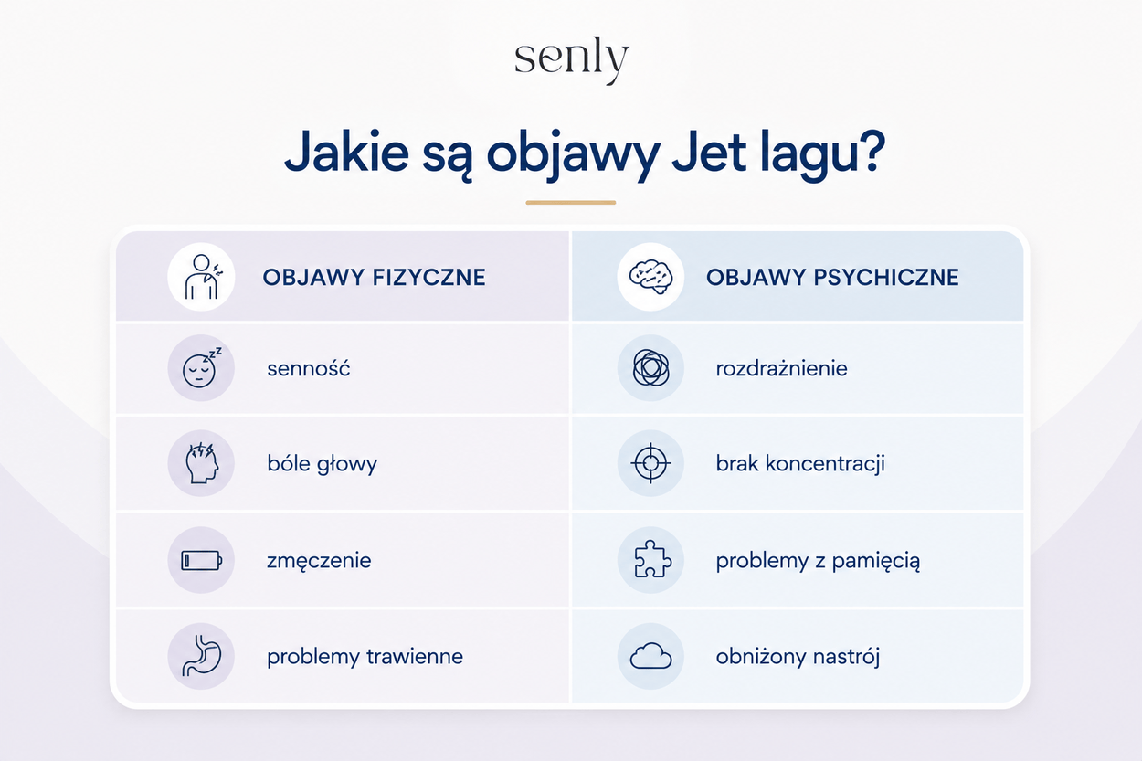 Infografika Najczęstsze fizyczne i psychiczne objawy jet lagu po zmianie stref czasowych