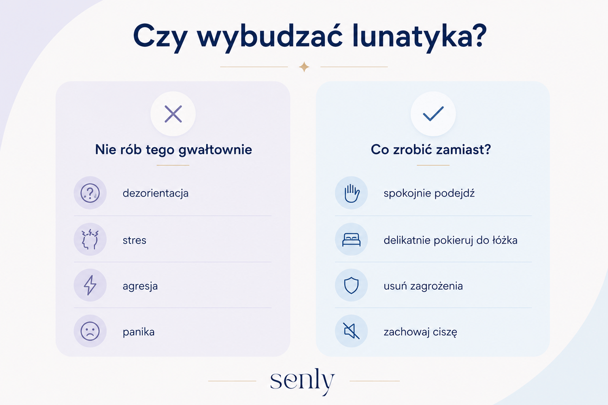 Infografika Czy wybudzać lunatyka zalecane postępowanie podczas epizodu lunatykowania i najczęstsze błędy