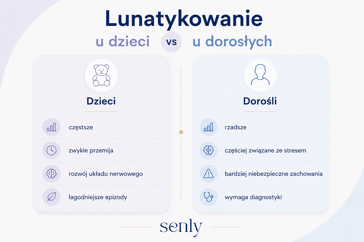 Infografika Porównanie lunatykowania u dzieci i dorosłych objawy, przyczyny oraz różnice w przebiegu zaburzenia
