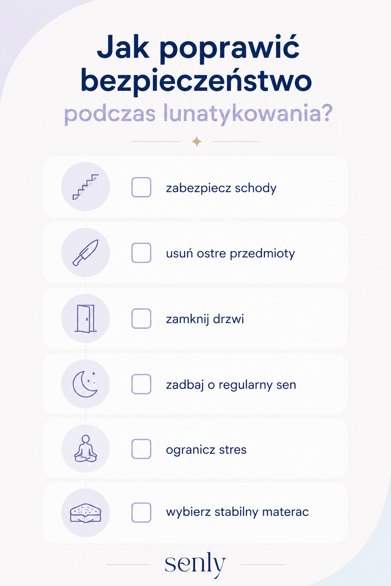 Infografika Jak chronić osobę lunatykującą praktyczne zasady bezpieczeństwa w domu i sypialni