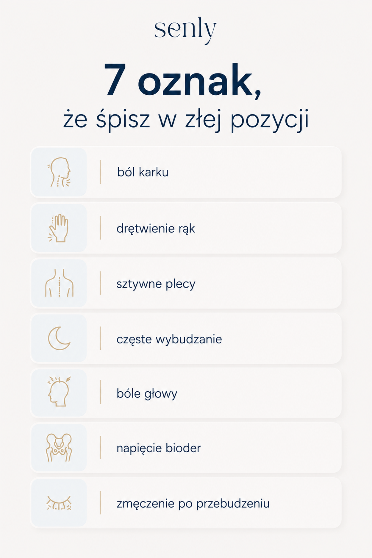 Infografika 7 oznak nieprawidłowej pozycji snu ból karku, drętwienie rąk, sztywne plecy i częste wybudzanie