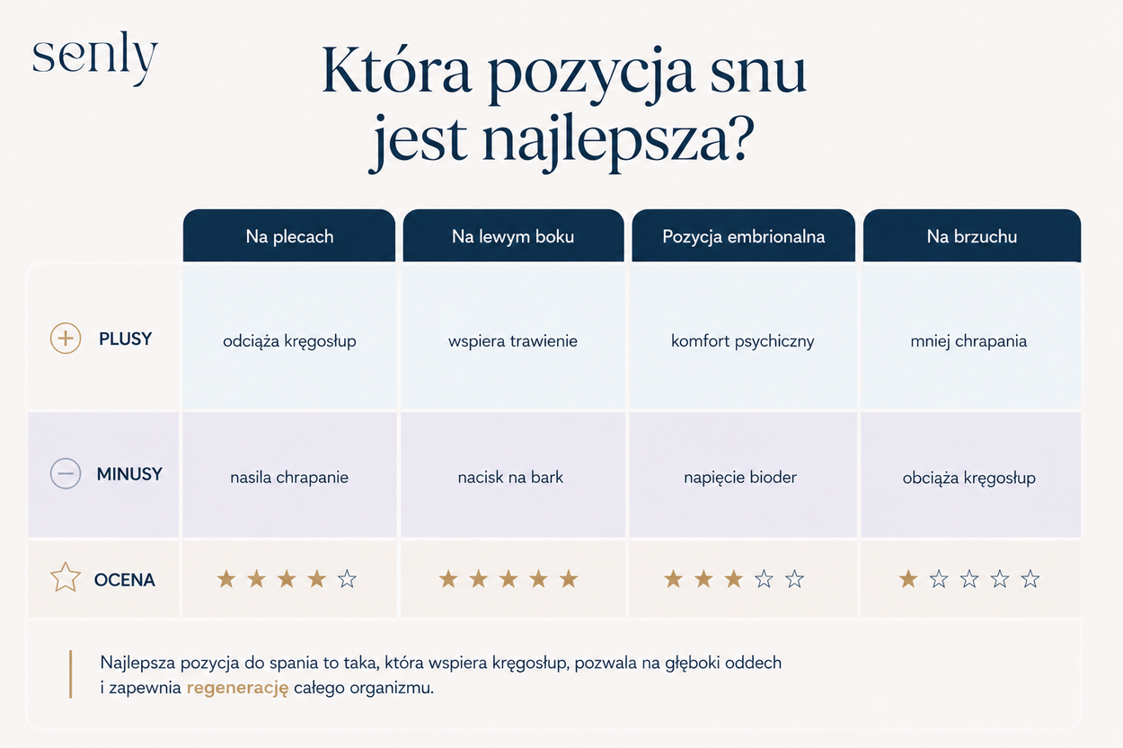 Infografika Porównanie najlepsza pozycja do snu na plecach, boku, w pozycji embrionalnej i na brzuchu pod kątem zdrowia kręgosłupa