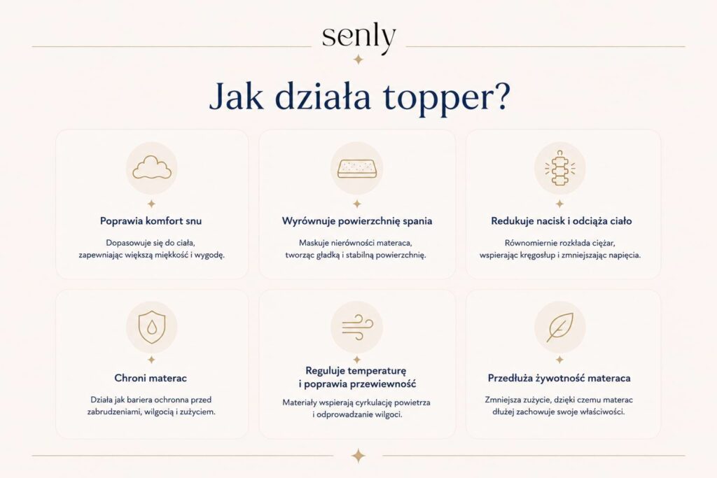 Infografika Najważniejsze funkcje materaca nawierzchniowego wyrównanie powierzchni i redukcja nacisku