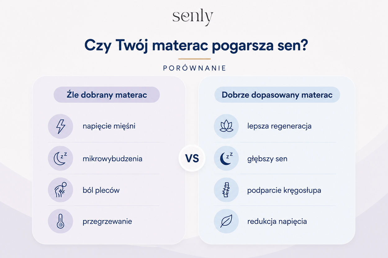 Infografika Wpływ materaca na jakość snu porównanie źle i dobrze dopasowanego materaca oraz ich wpływu na nocne wybudzenia