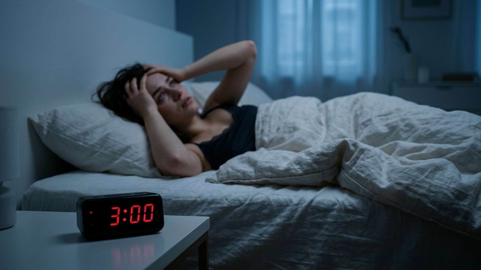 Kobieta wybudzona w nocy patrząca na budzik wskazujący trzecią nad ranem problemy ze snem i nocne przebudzenia