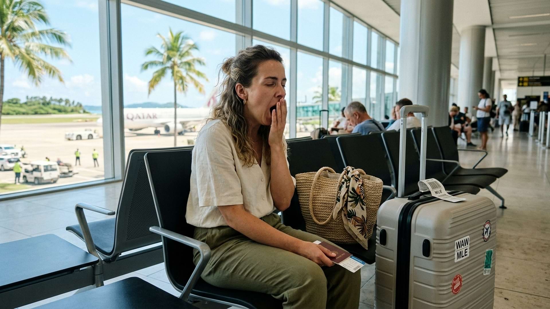 Zmęczona kobieta na lotnisku odczuwająca objawy jet lagu po długim locie między strefami czasowymi