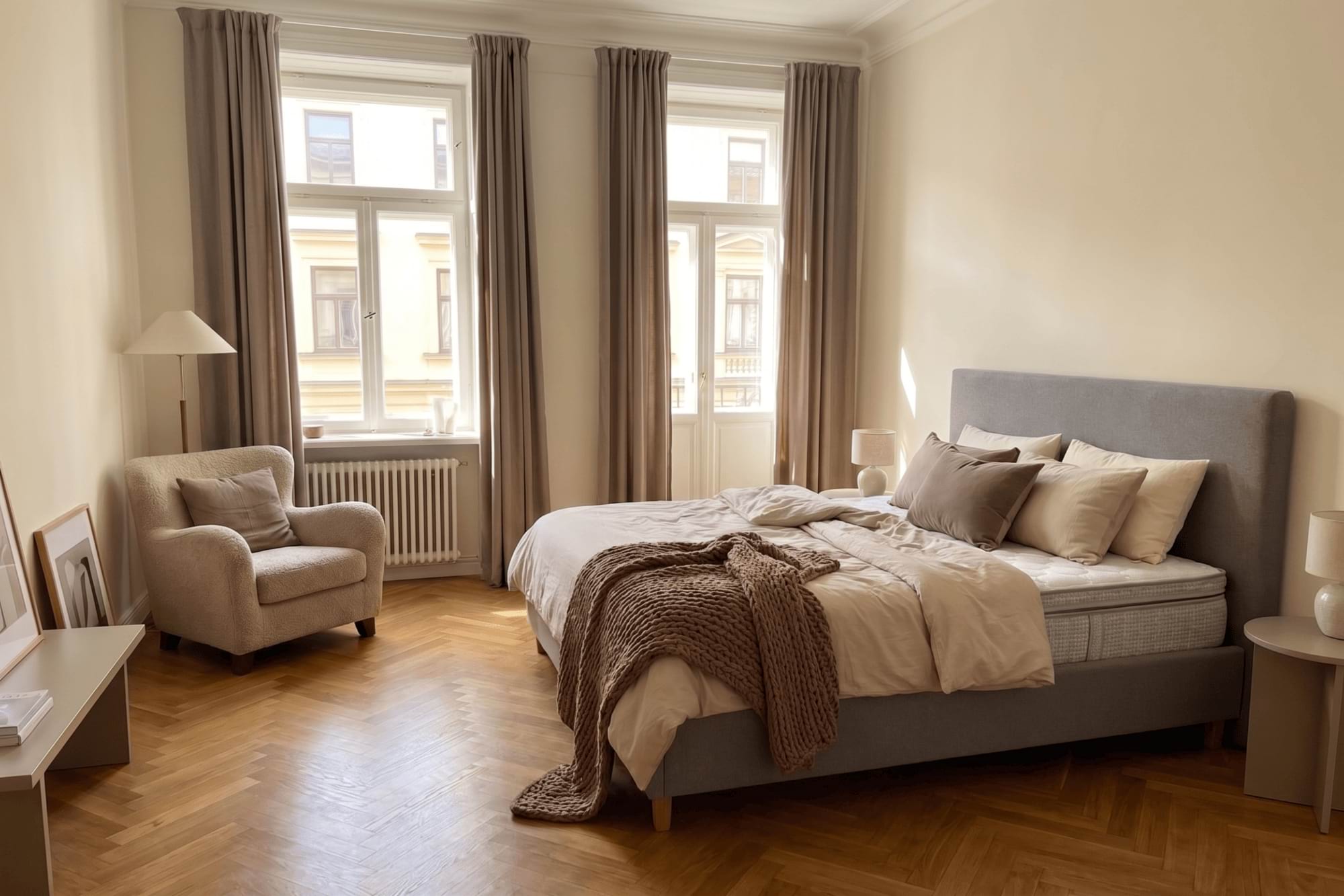 Jasna sypialnia z dużym łóżkiem i fotel