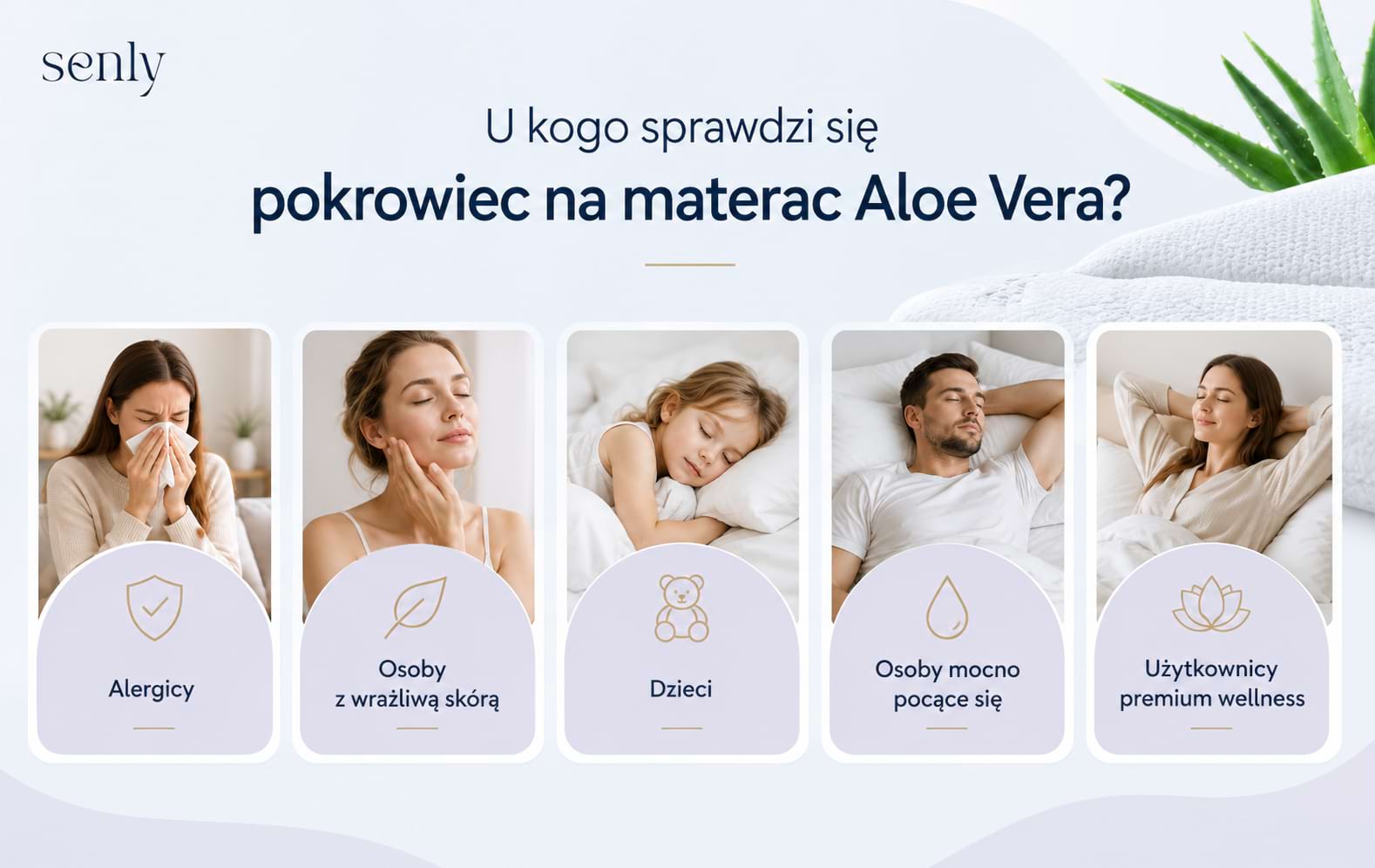 Infografika Dla kogo przeznaczony jest pokrowiec Aloe Vera osoby pocące się, alergicy i użytkownicy premium
