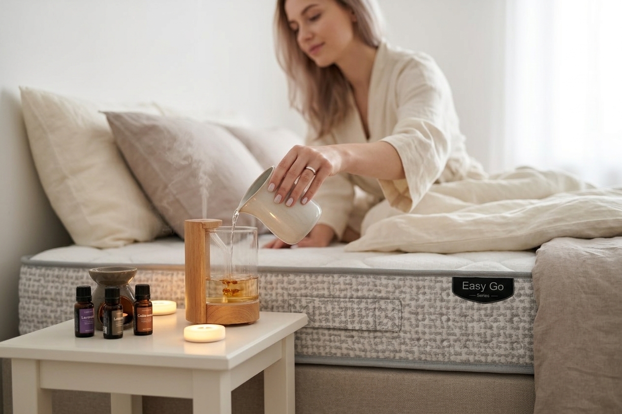 Aromaterapia na sen kobieta nalewająca wodę do dyfuzora obok olejków eterycznych w sypialni premium
