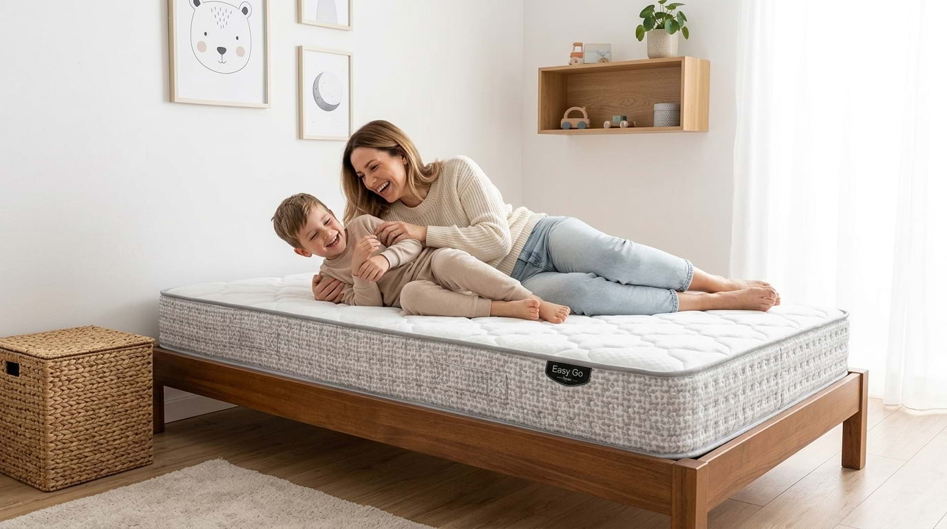 Dziecko z mamą na materacu kieszeniowym Easy Go w minimalistycznym pokoju – wygodny materac dla dziecka do codziennego snu i zabawy.
