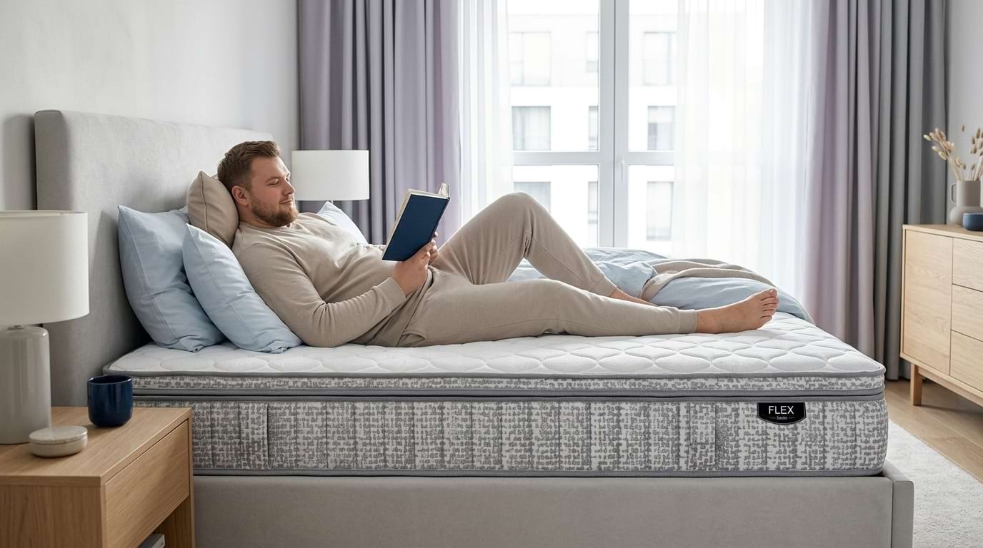 Mężczyzna o większej wadze odpoczywający na materacu Senly Flex zapewniającym stabilne podparcie i wysoki komfort snu