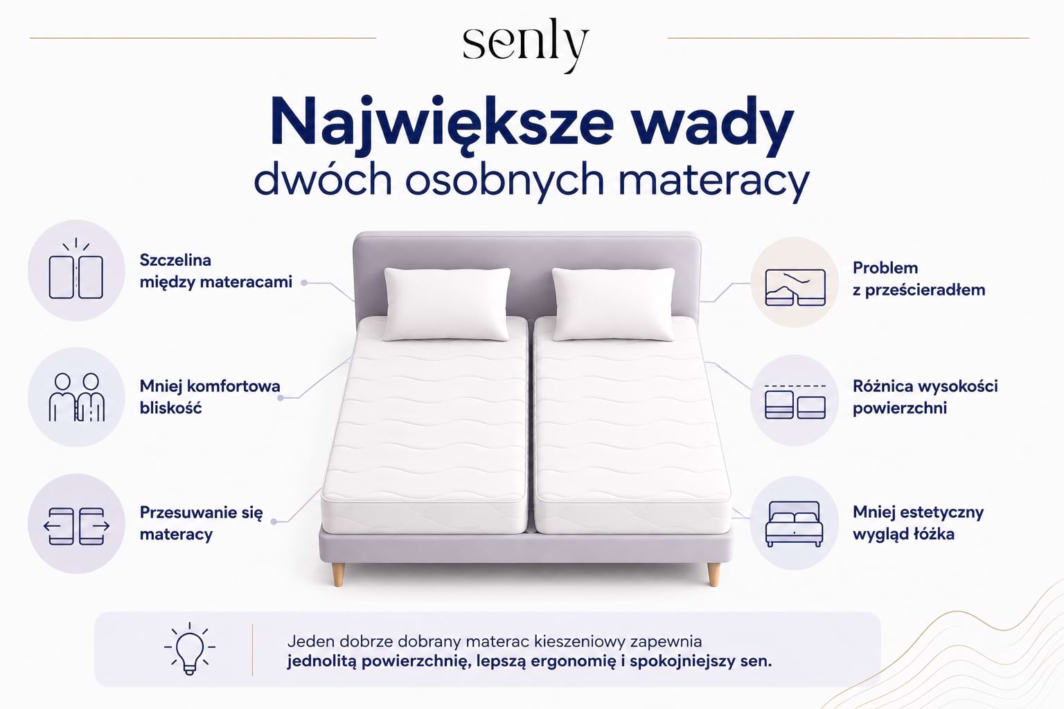 Infografika Wady dwóch osobnych materacy w jednym łóżku szczelina między materacami, różnica wysokości i mniejszy komfort snu dla par