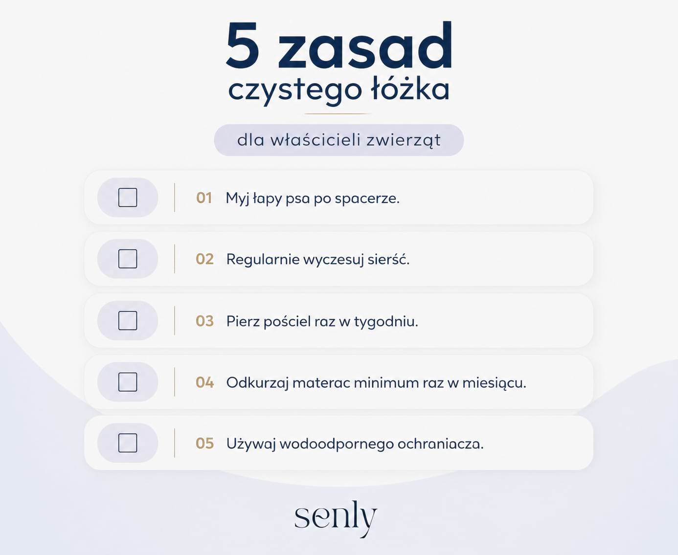 Infografika Checklista higieny snu dla właścicieli zwierząt z zasadami dbania o czystość łóżka i materaca
