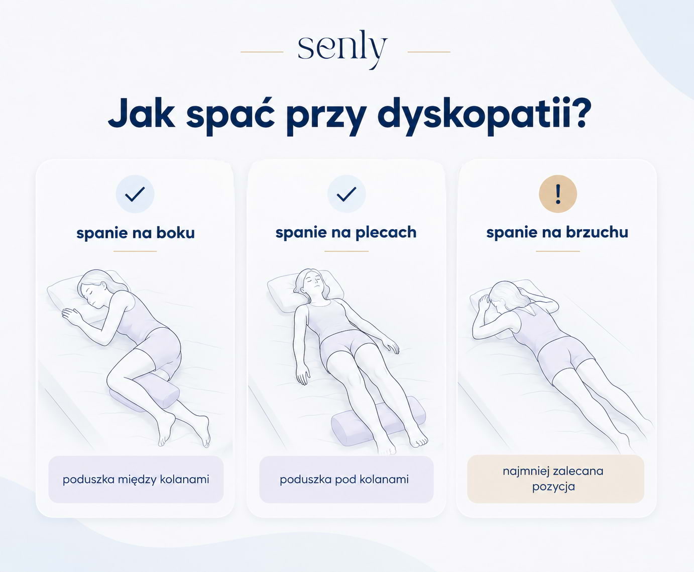 Jak spać przy dyskopatii? Zalecane pozycje snu z poduszką między kolanami i pod kolanami – infografika Senly