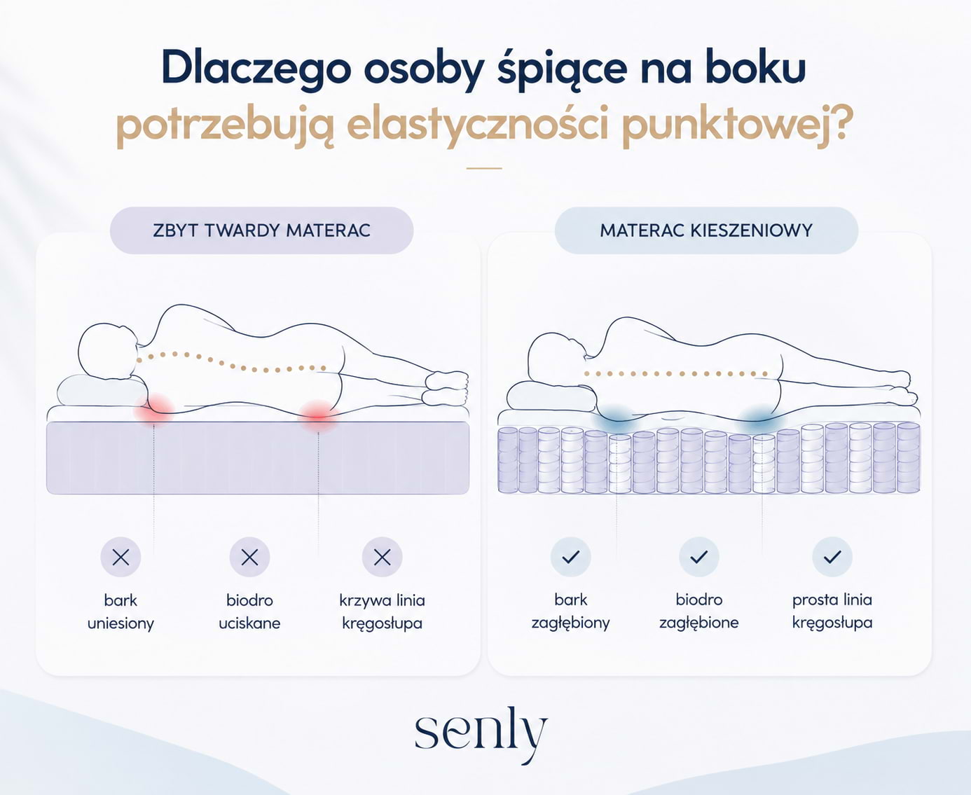 Materac kieszeniowy a zbyt twardy materac porównanie elastyczności punktowej podczas spania na boku i wpływu na ułożenie kręgosłupa
