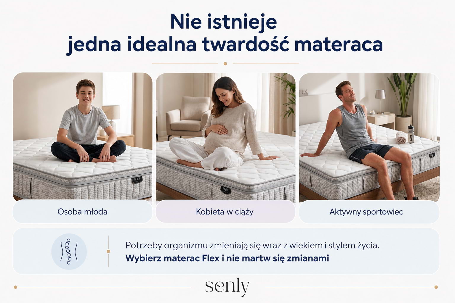 Infografika Materac Flex Senly dla różnych etapów życia i indywidualnych potrzeb snu