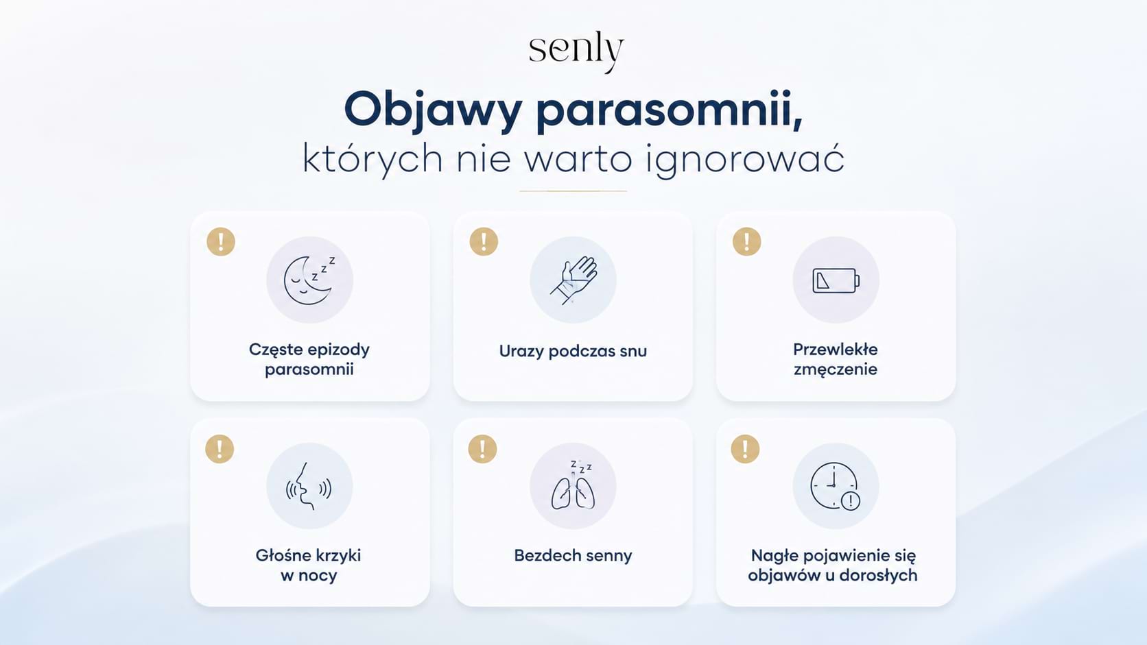 Infografika Objawy parasomnii wymagające konsultacji ze specjalistą częste epizody, przewlekłe zmęczenie, bezdech senny i głośne krzyki w nocy