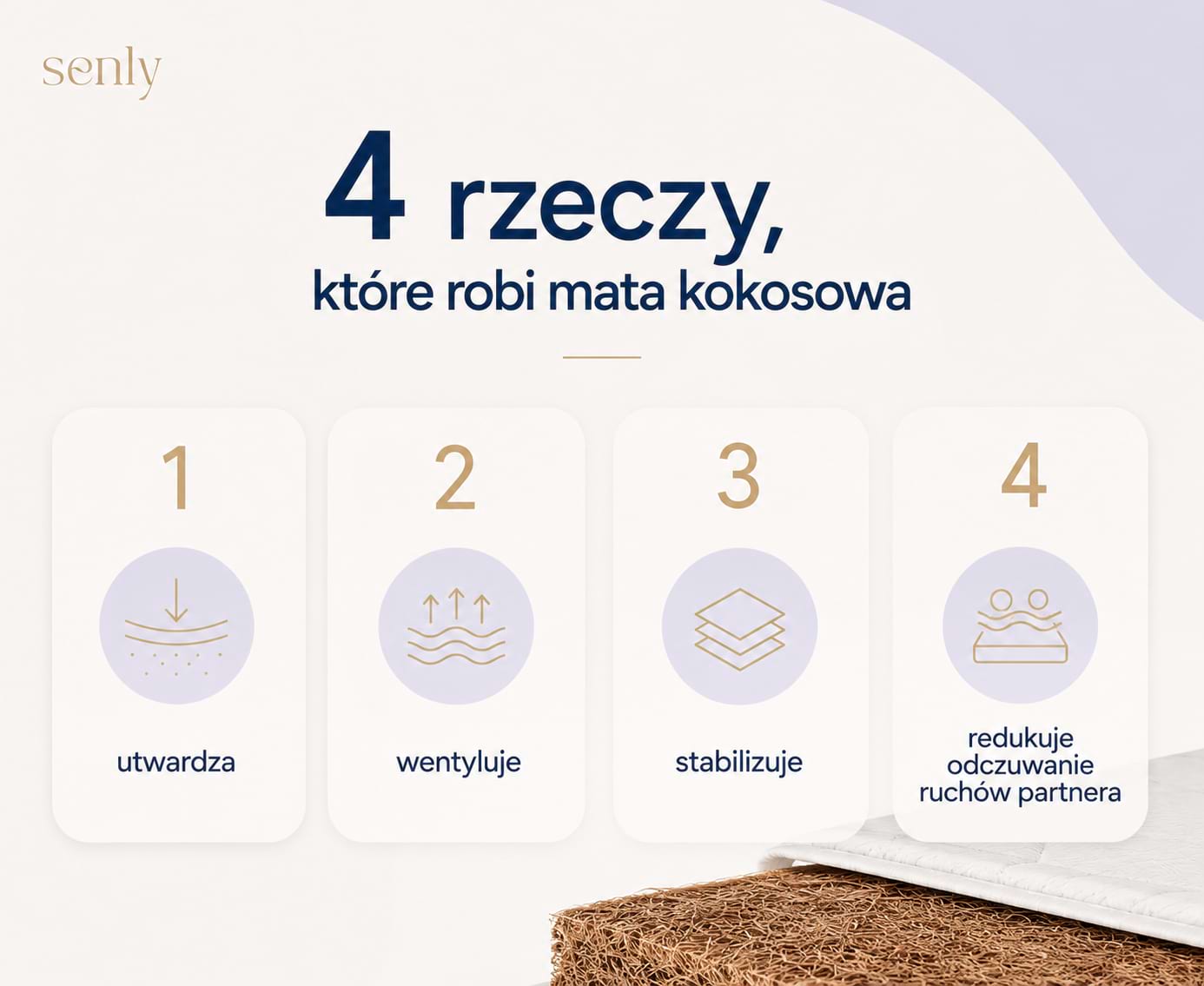 Infografika Najważniejsze funkcje maty kokosowej w materacu utwardzanie, wentylacja i stabilizacja podłoża