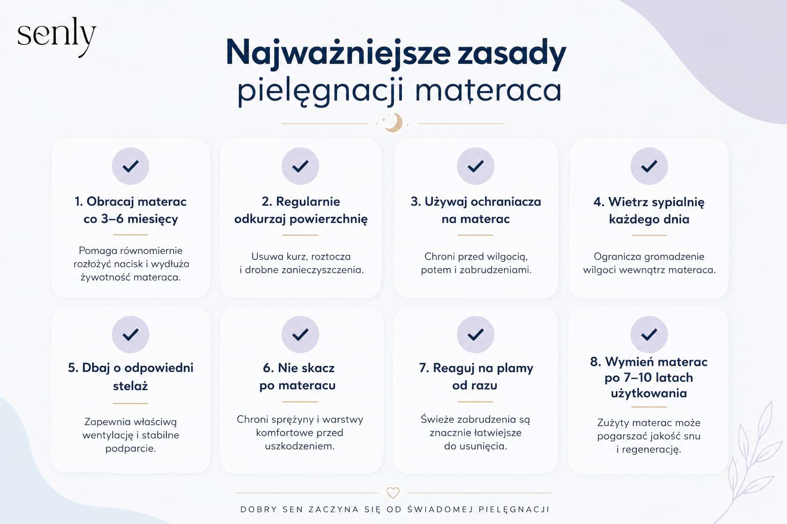 Infografika Najważniejsze zasady pielęgnacji nowego materaca 