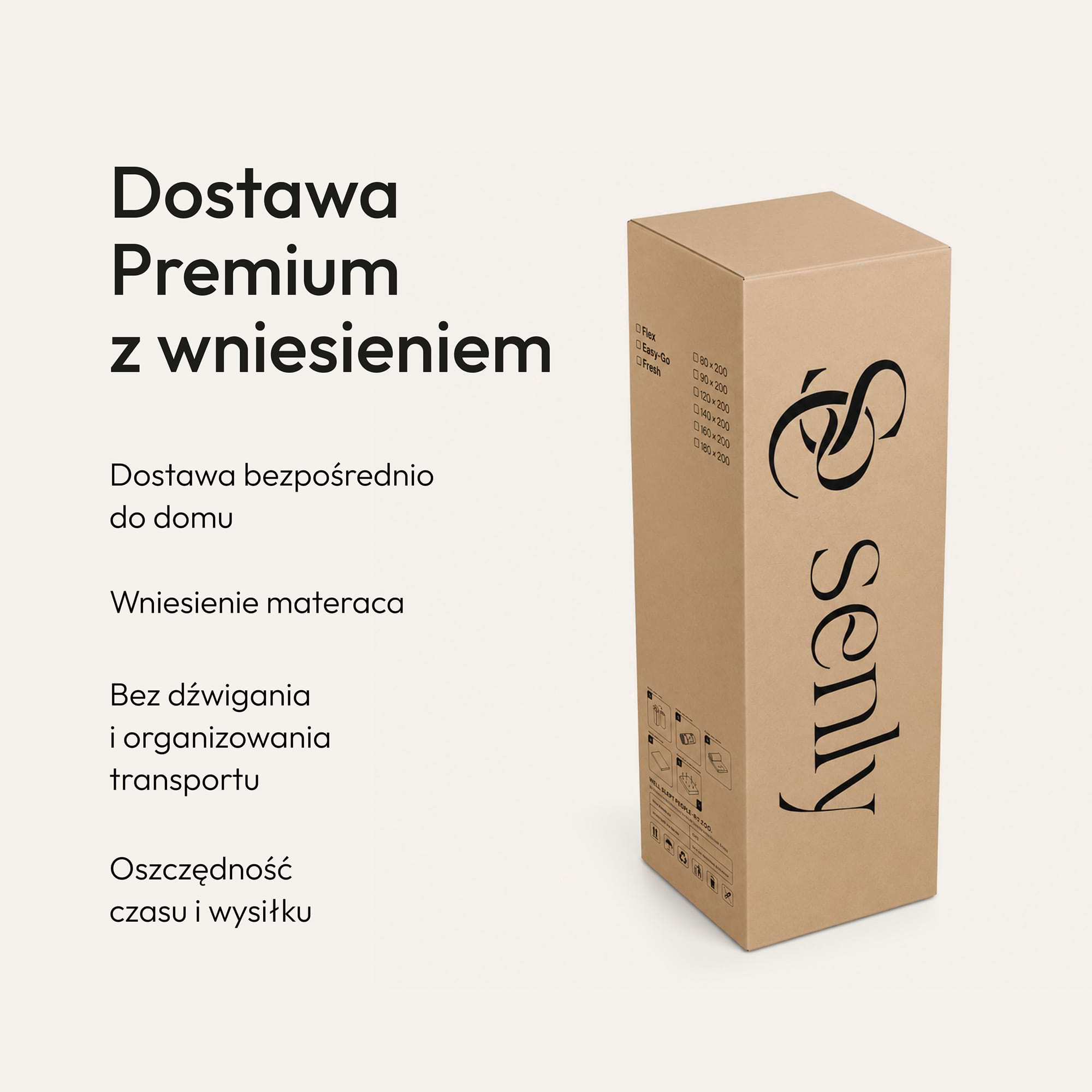 Kartonowe pudełko materaca z napisem „Dostawa Premium”