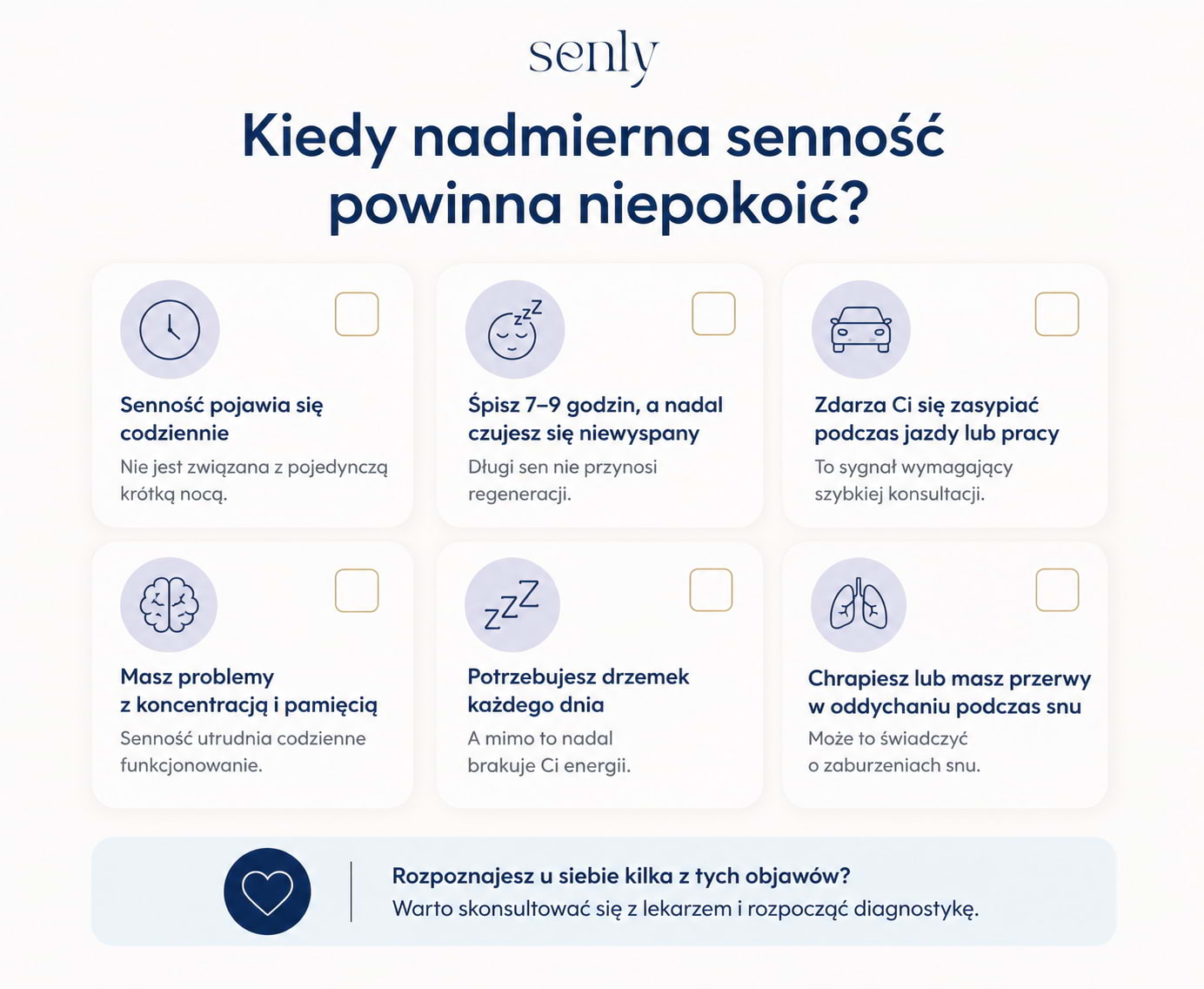 Infografika pokazująca objawy, które mogą świadczyć o hipersomnii i wymagają konsultacji ze specjalistą