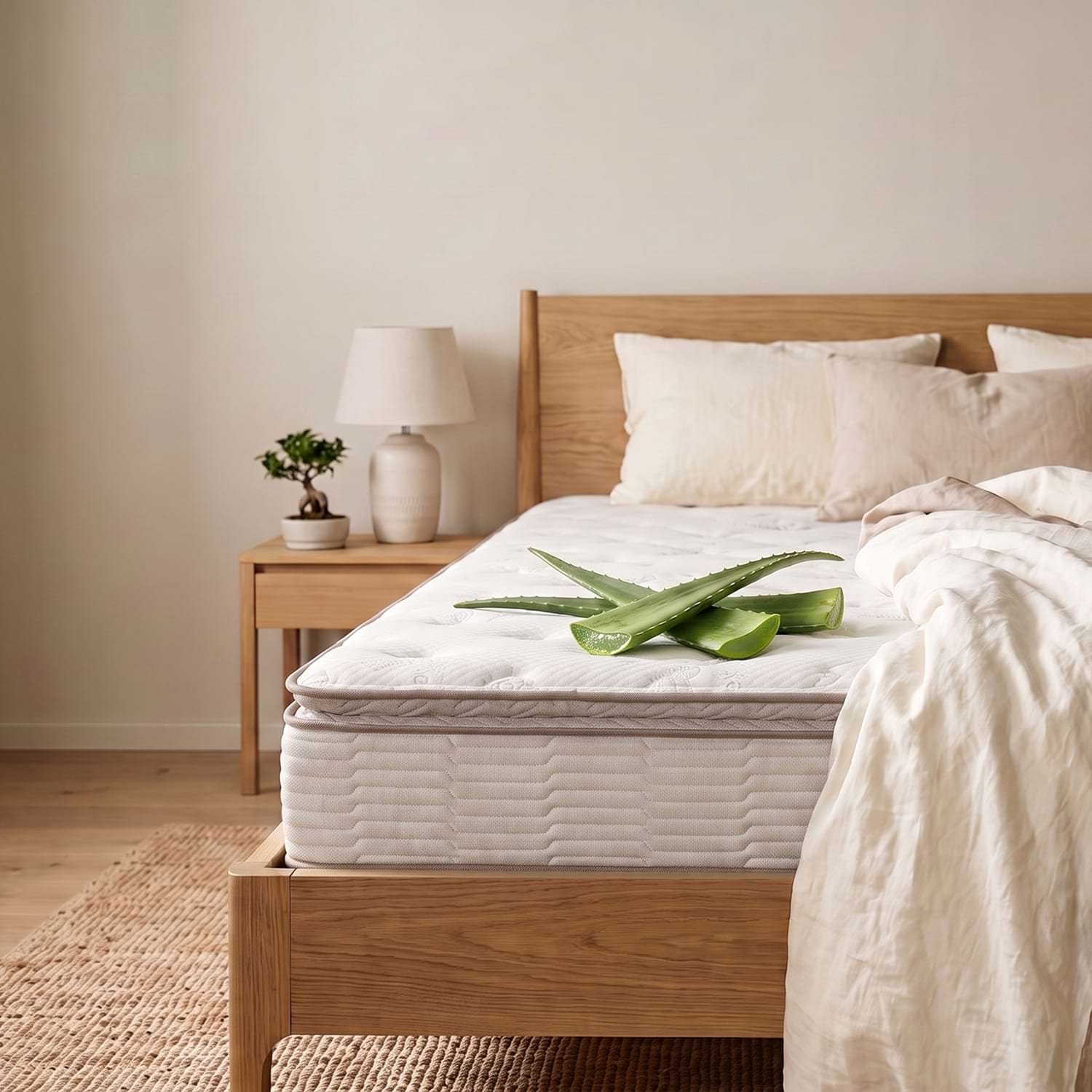 Materac kieszeniowy Fresh od Senly z pokrowcem Aloe Vera w minimalistycznej sypialni